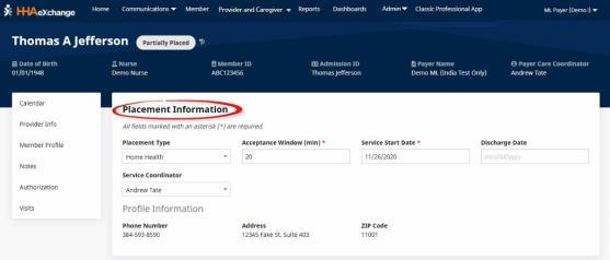 Placement Information section on the Add Placement page